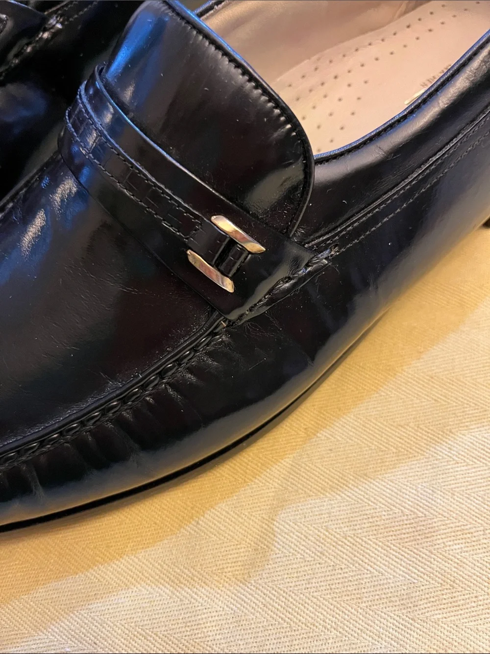 Men's Black Leather Slip-On Loafers with Decorative Strap
